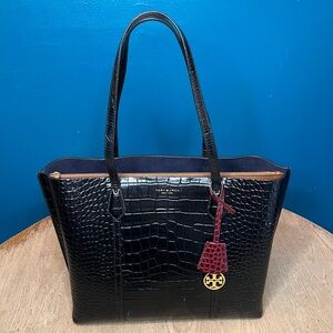 Tory Burch Perry Black Croc Embossed Triple Compartment Zip Tote Bag Large Purse